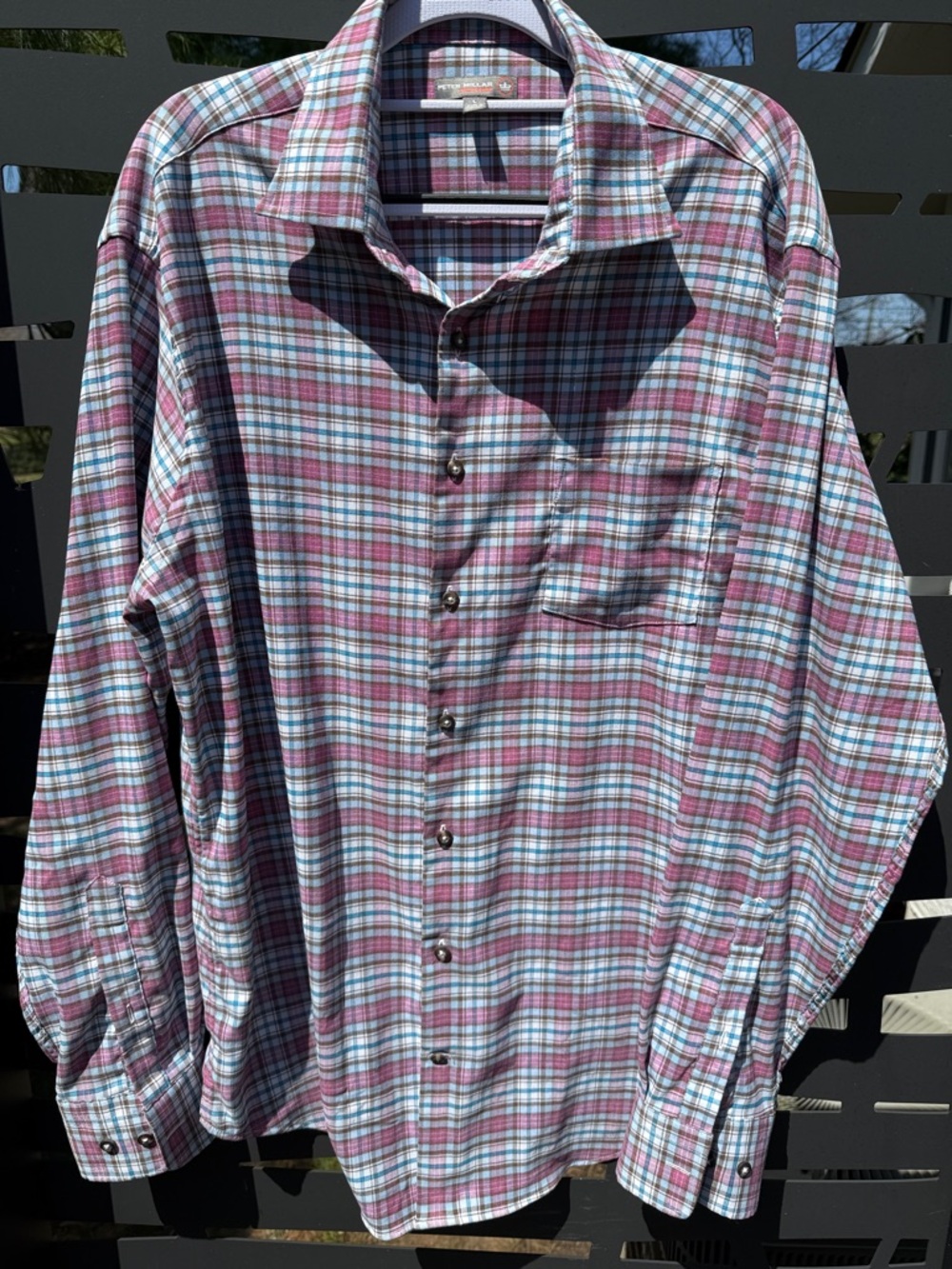 Peter Millar Plaid Dress Shirt in Pink and Light Blue Size L